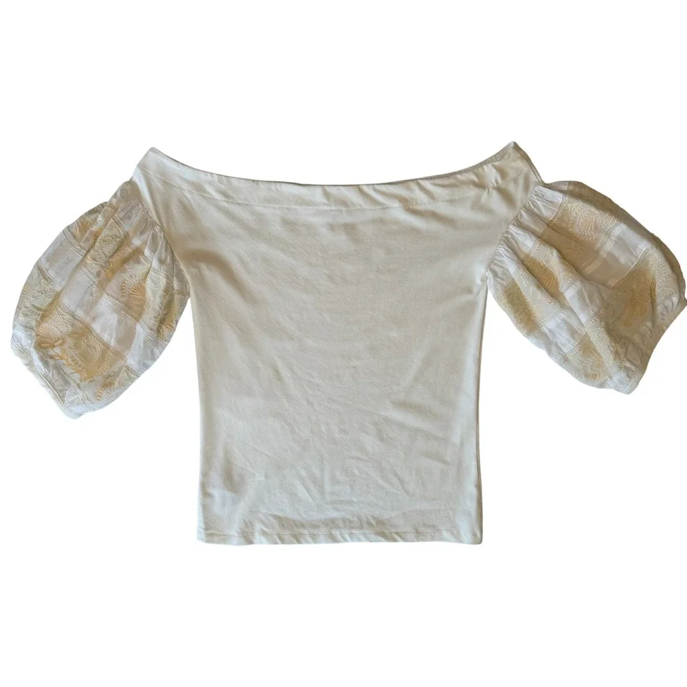 Free People Rock with It Top‎ Off Shoulder Medium Embroidered Puff Sleeves Ivory